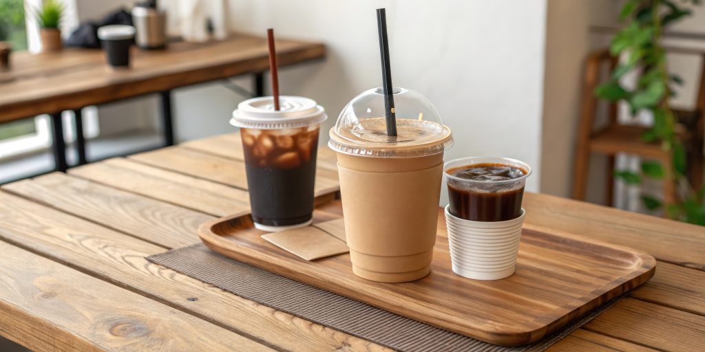 Wooden table with an ice coffee take away container and matching cups, ice coffee, wooden table, natural, rustic